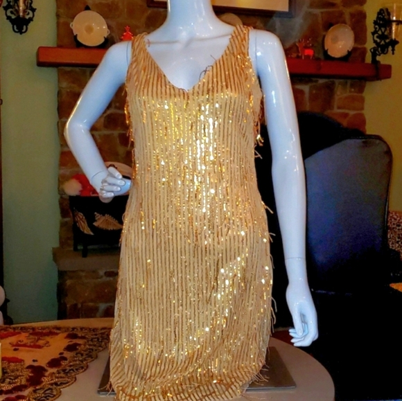 NWT gold sequin v-neck cocktail dress m - Picture 2 of 13